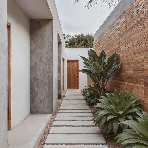 Allée d'entrée de maison avec des plantes et des murs en bois.